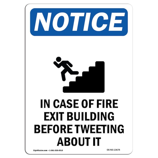 OSHA Sign, In Case Of Fire Exit With Symbol, 5in X 3.5in Decal, 10PK, 3.5"W, 5" L, Portrait, PK10